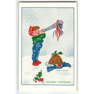 Fantasy Postcard Fairy Boy Blows Horn Pudding Snow Willy Schermele Dutch Artist